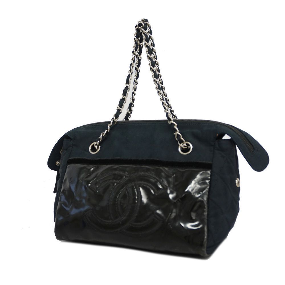 Chanel Shoulder Bag Chain Shoulder Leather Nylon Black Silver